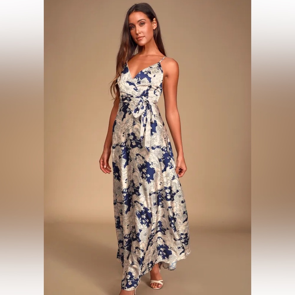 Tea Gardens Navy Blue Floral Print Satin Lulus Maxi Dres - Picture 1 of 6